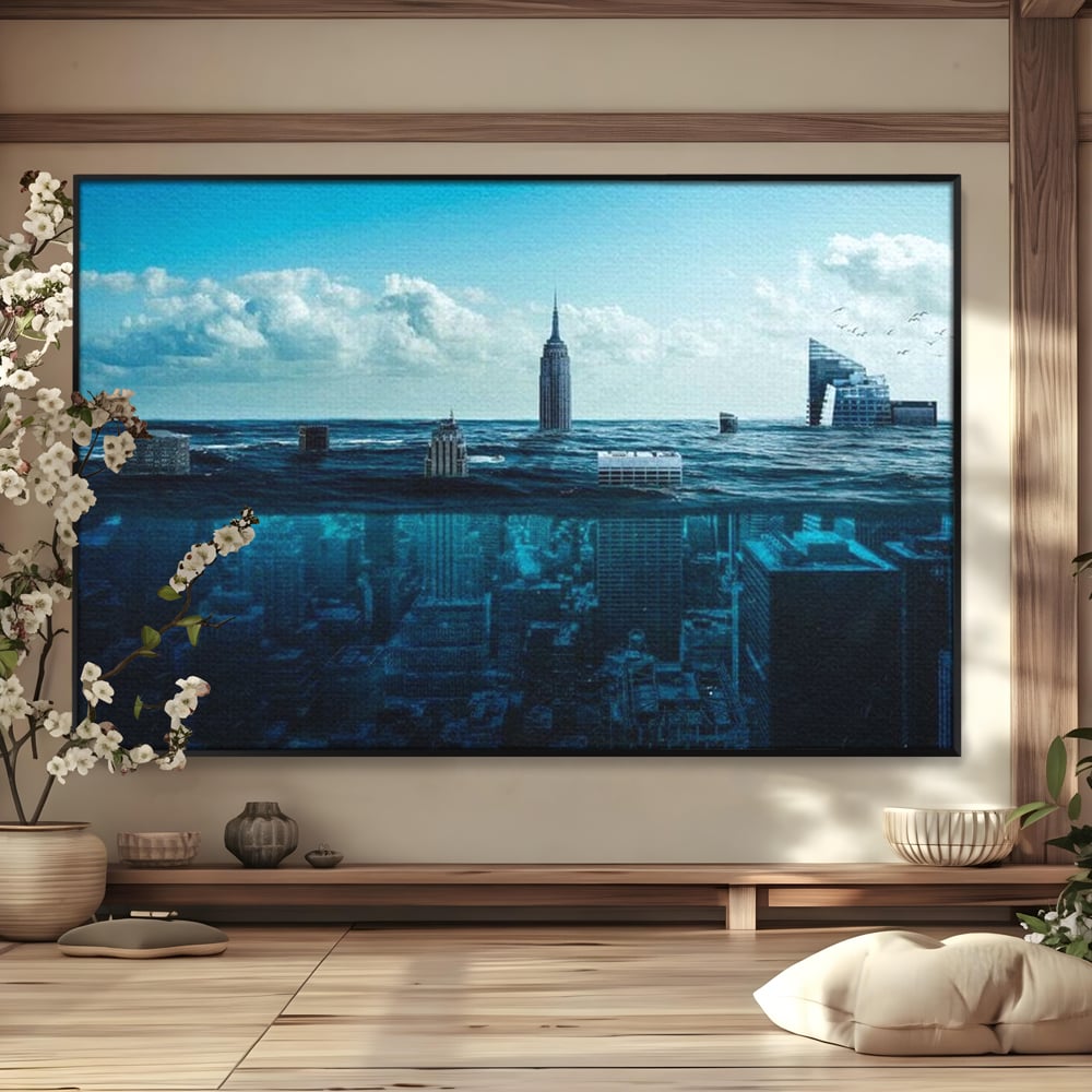 Tablou canvas cu ilustratie digitala cu oras scufundat in ocean, in rama de aluminiu negru